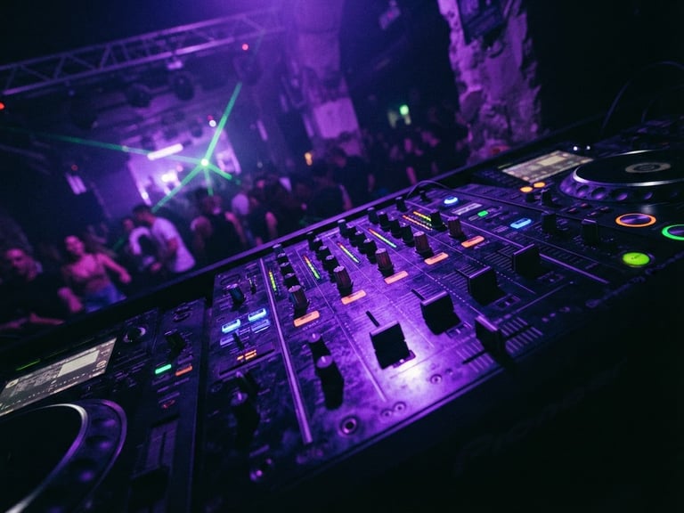 Dynamic Dutch angle close-up of a glowing DJ mixer under electric violet neon backlighting, deep shadows.