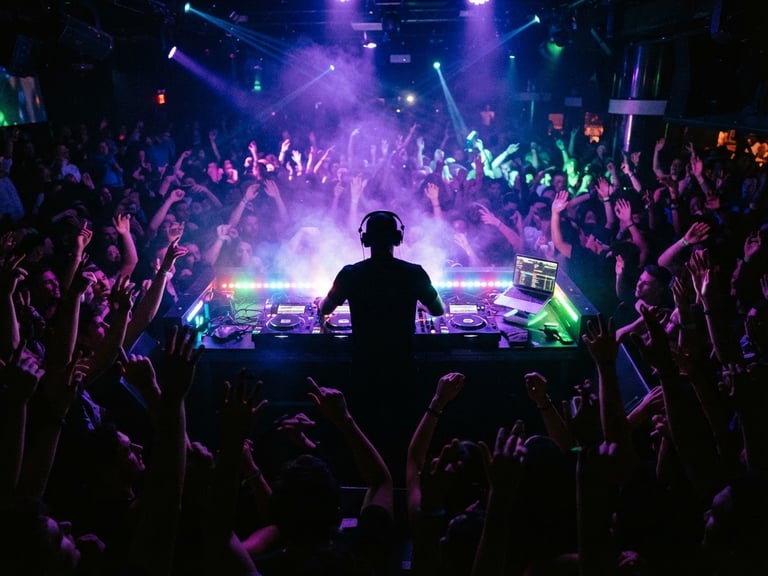 High-contrast silhouette of DJ Wick4u behind glowing decks, electric violet strobe lights, crowd hands raised, wide-angle club perspective.