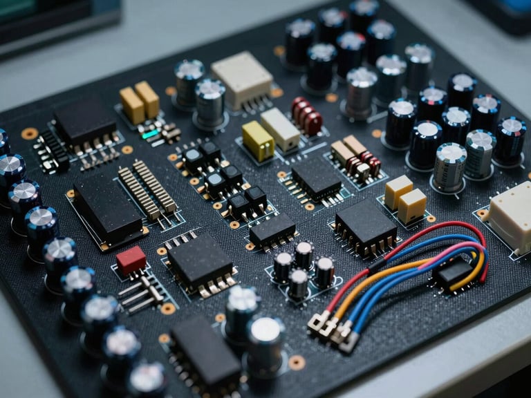 Macro top-down orthographic product layout of organized electronic components, capacitors, inductors, and colorful jumper wires on a dark anti-static mat under cool laboratory lighting.