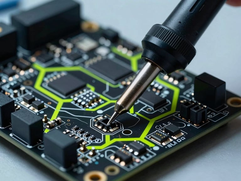 Macro shot of a precision soldering iron modifying pin headers on a black PCB, cool laboratory lighting, cyber-lime accents on the board traces