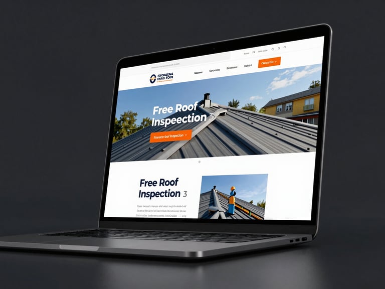 45-degree angle mockup of a professional English-language roofing contractor website on a dark laptop screen, showing bold hero section with 'Free Roof Inspection' CTA button, clean navigation bar, cool-white studio lighting against deep charcoal background