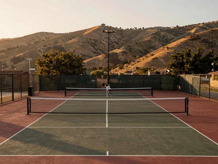 Wide environmental shot of the Ojai hills framing the pickleball courts during golden hour, soft warm light, empty court in foreground