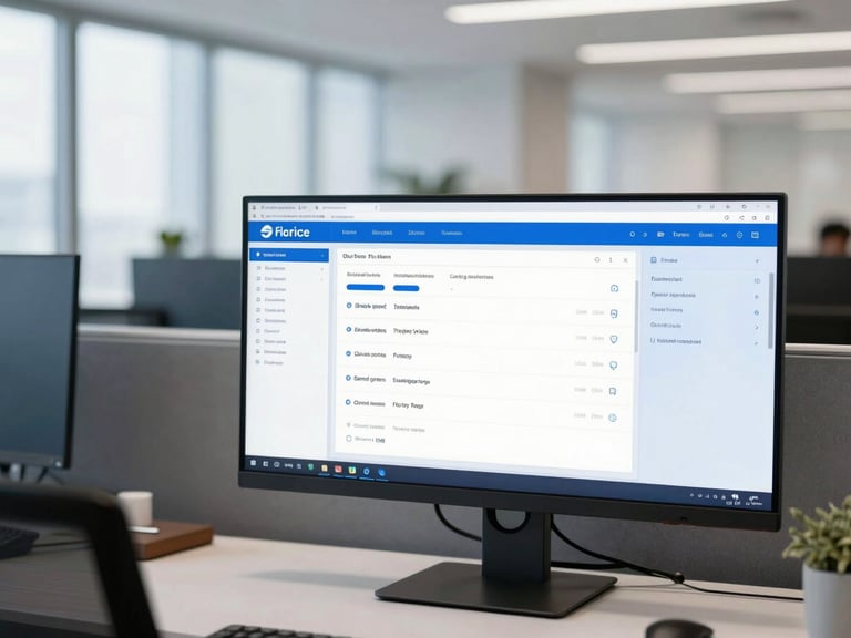 A modern enterprise office with clean dashboard interfaces on screens, bright natural light, navy and soft blue tones, professional tech environment