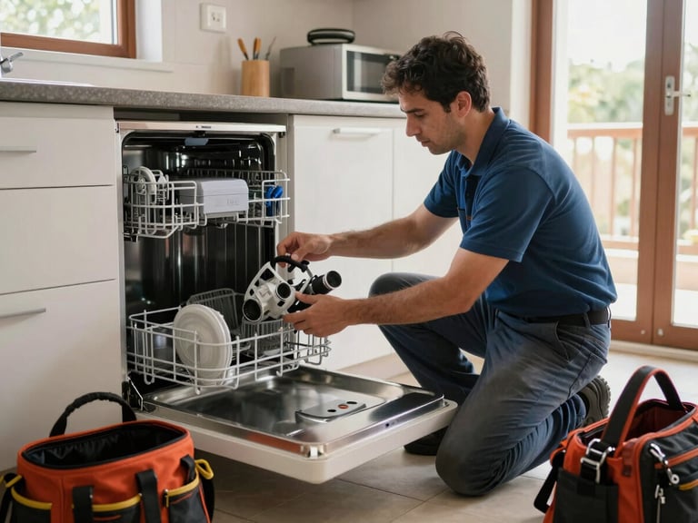 Wide shot of a technician kneeling beside a dishwasher pulled out from under a kitchen counter in a Spanish home, natural daylight from a nearby window, tool bag open beside him, documentary framing, no face visible