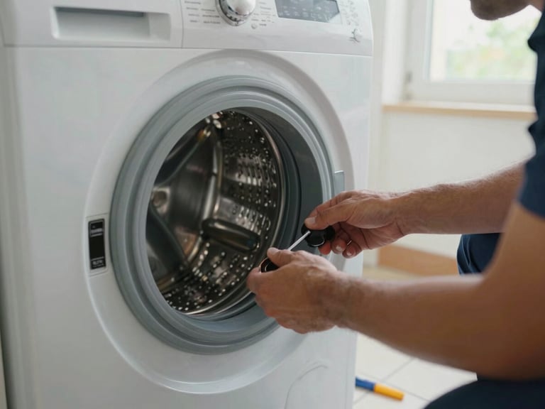 Close-up of a technician's hands diagnosing the drum of an open washing machine in a bright Spanish kitchen, tools on a white tile floor, natural daylight from a nearby window