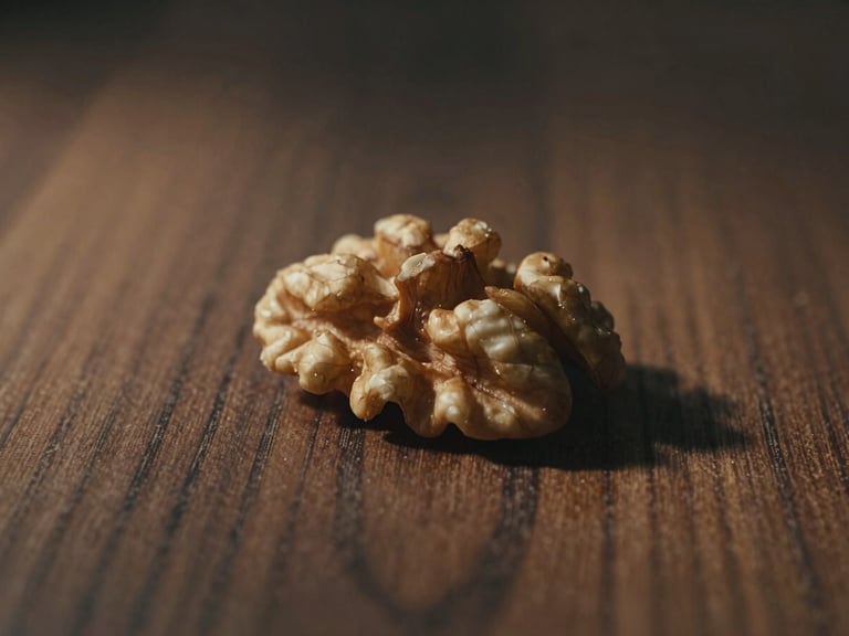 Macro photograph of raw walnut wood grain, soft directional light highlighting the natural texture, shallow depth of field.