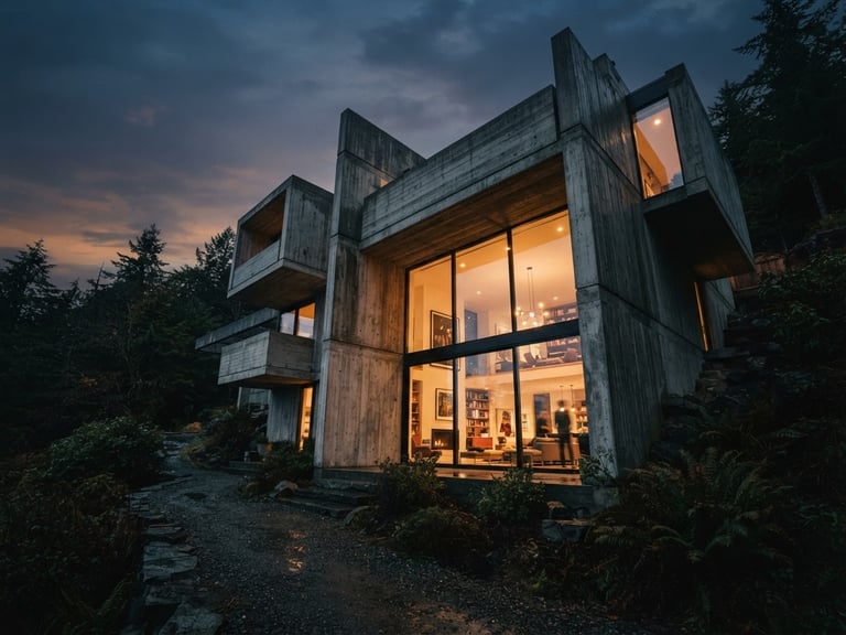 Cinematic low-angle architectural perspective of a brutalist concrete villa at twilight, warm interior glow, rich desaturated tones, 35mm lens.