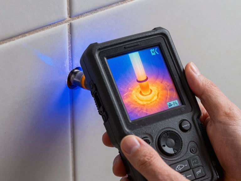 Macro shot of a high-tech thermal imaging camera screen showing a hidden water pipe leak behind a tile wall, cold blue and hot orange contrast, clean hands holding the device