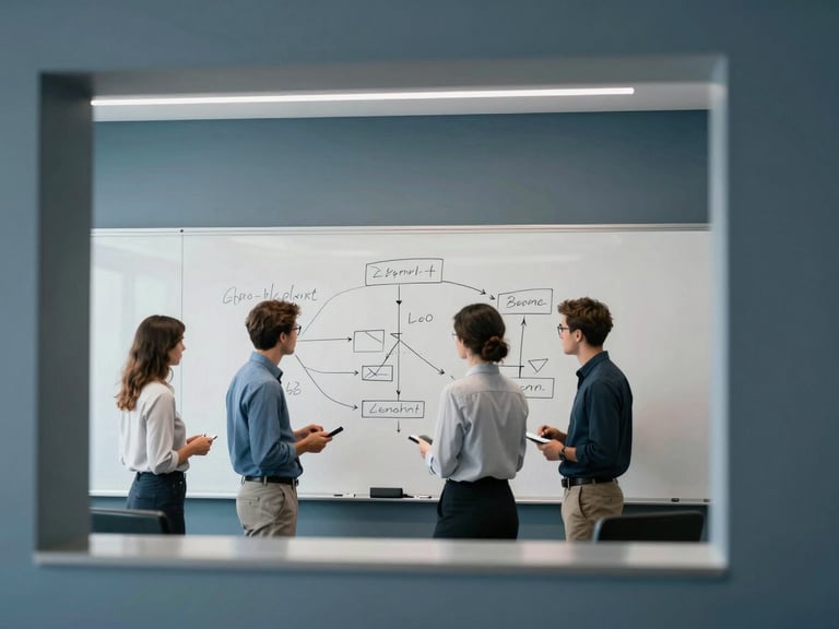 Modern office environment, whiteboard with logical diagrams, focused professionals collaborating, cool natural daylight, architectural framing, 35mm lens
