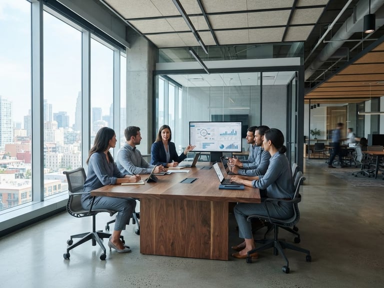 Wide shot of a modern, structured office space with clean architectural lines, a team of focused professionals collaborating around a large table, cool natural daylight filtering through large windows.