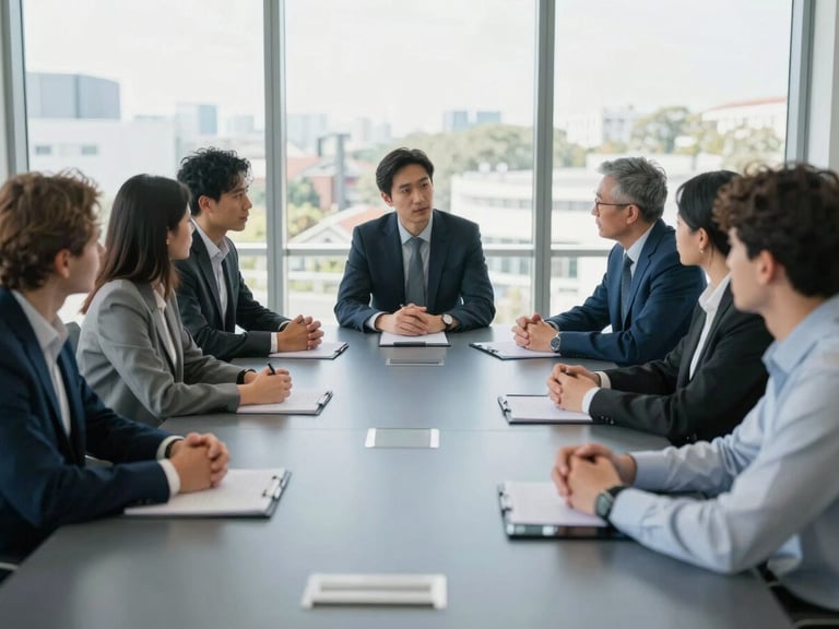 Structured meeting room, diverse team members engaged in discussion, architectural lines, cool natural daylight, muted corporate blue and slate tones, 35mm lens