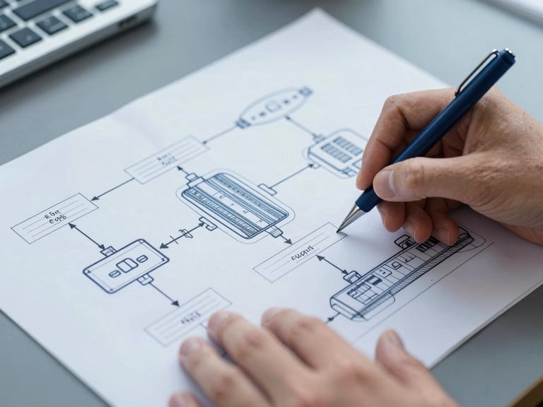 Close-up of hands working on a detailed process flow chart, industrial blueprint style, cool natural daylight, muted corporate blue and slate tones, architectural framing, 35mm lens