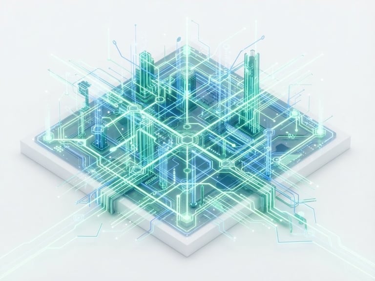 Isometric 3D render of glowing digital network lines in mint green and electric blue on a pure white background, sharp focus, high-key studio lighting