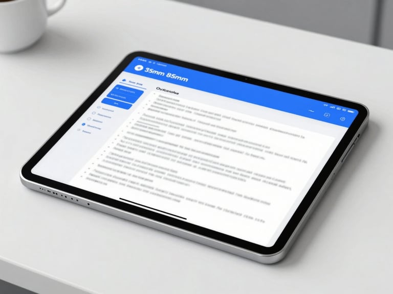 A sleek modern digital workspace with a tablet displaying highly structured legal text, bright daylight, clean corporate blue tones, 35mm