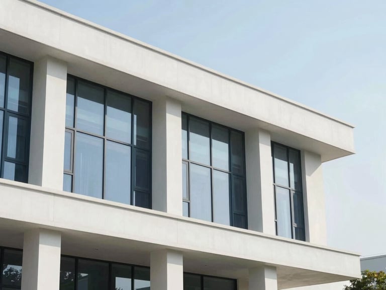 Modern court building exterior with clean architectural lines, bright neutral daylight, sharp focus
