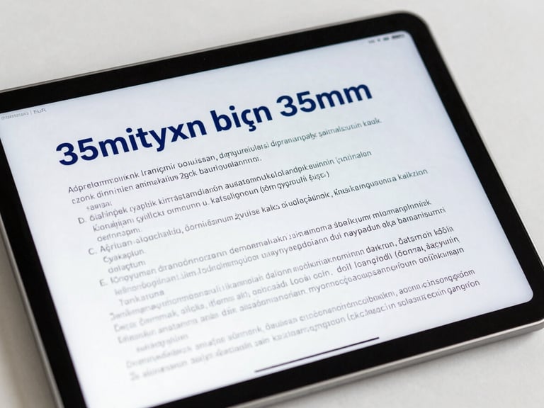 Close-up of a modern digital tablet displaying Turkish legal text, clean workspace, bright daylight, 35mm