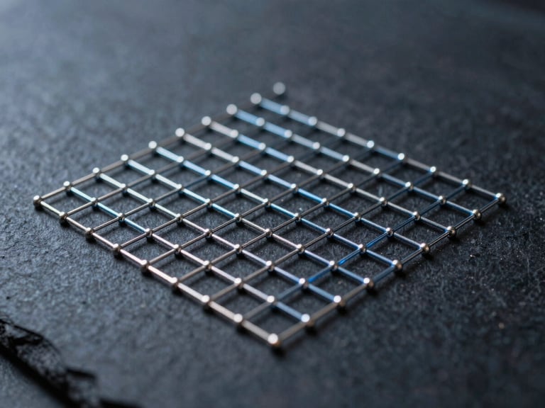 Macro shot of a precise geometric data grid, cool blue and white light reflecting off sharp structural nodes, expansive dark slate background with generous negative space.