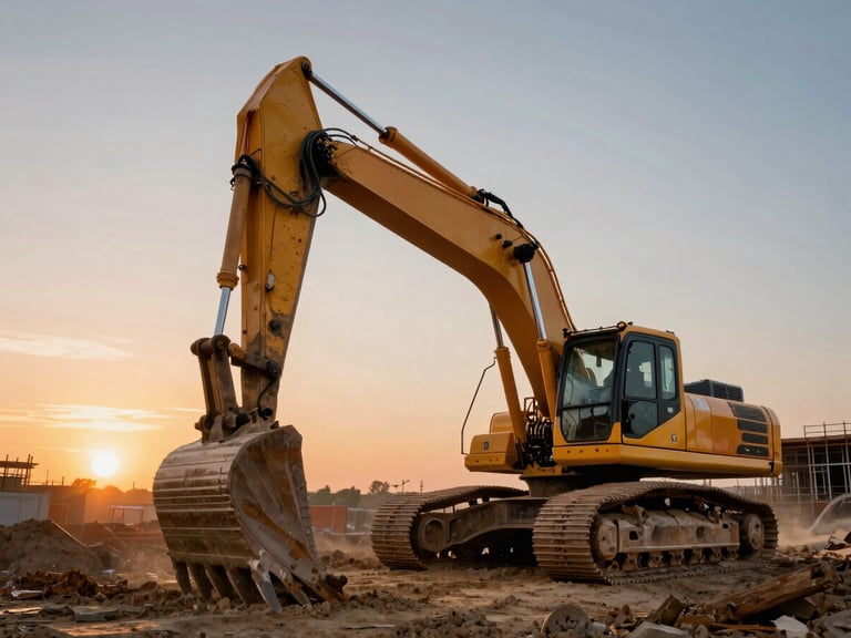A massive heavy excavator working on a dusty construction site at dusk, dramatic orange sunset rim lighting, low angle powerful composition, high contrast.