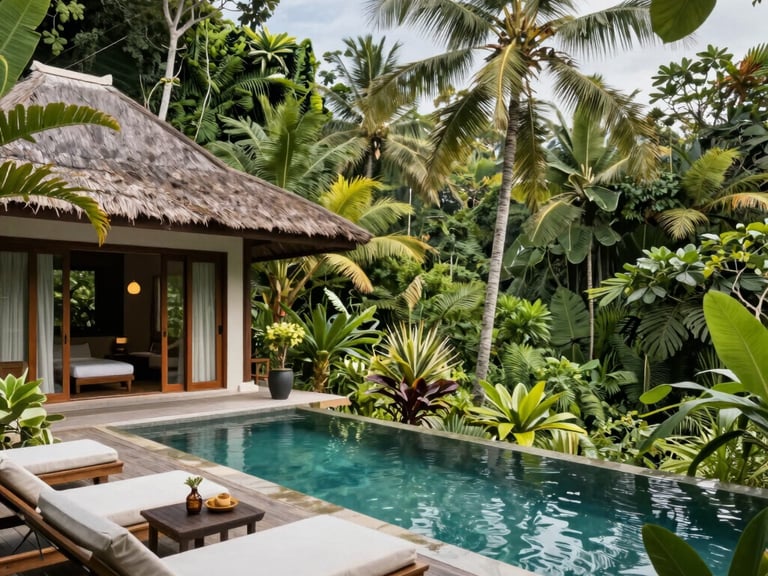Minimalist teak and local stone structure in Bali, framed by tropical foliage, soft overcast daylight, medium format film texture.