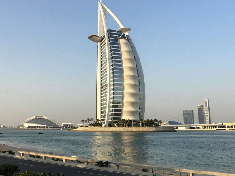 Architectural elevation of a modern high-rise facade in Dubai, geometric concrete and glass patterns, soft low-contrast morning light.