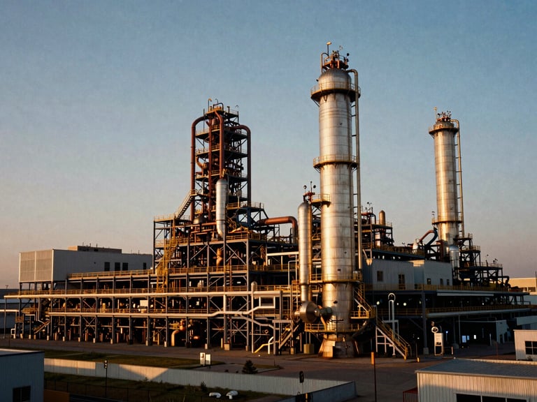 Wide environmental shot of a massive industrial manufacturing plant with integrated modern architectural energy structures, dramatic golden hour lighting, clean lines, medium format film