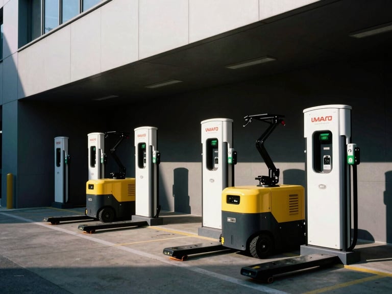 Wide shot of electric industrial transport trucks parked next to sleek architectural charging terminals, dramatic natural light, clean lines
