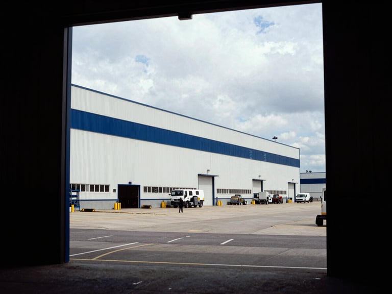 Wide environmental shot of a massive logistics hub with integrated energy assets, clean architectural lines, overcast daylight, human figure at a distance for scale.