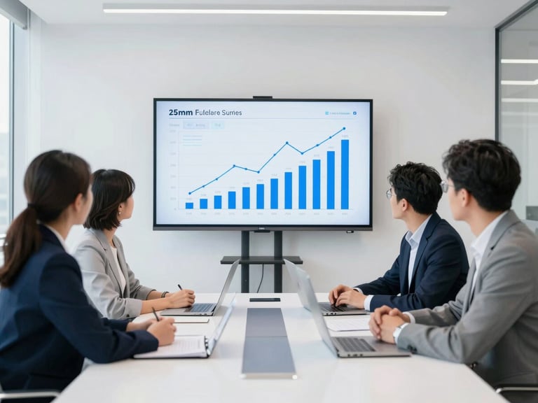 Modern collaborative boardroom with professionals looking at financial growth charts on a screen, clean white and electric blue tones, sharp focus, 35mm