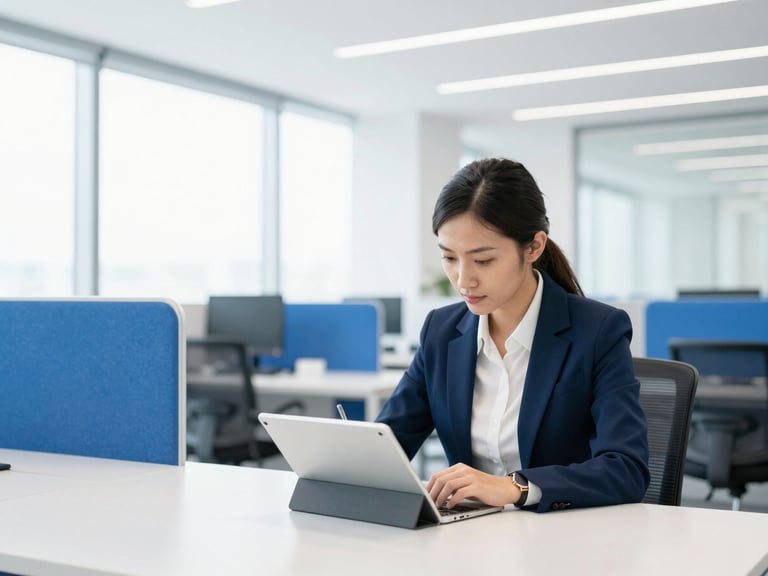 A clean architectural office space with a professional writing on a tablet, bright high-key daylight, modern corporate photography, sharp focus, 35mm