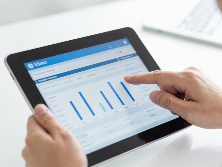 Close-up of hands analyzing pharmaceutical supply chain data on a tablet, bright high-key office daylight, subtle cool blue reflections, sharp focus, 35mm