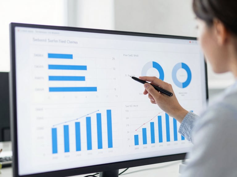 Bright high-key office daylight, a professional analyzing complex sales metrics on a clean screen, cool blue reflections, sharp focus, 35mm
