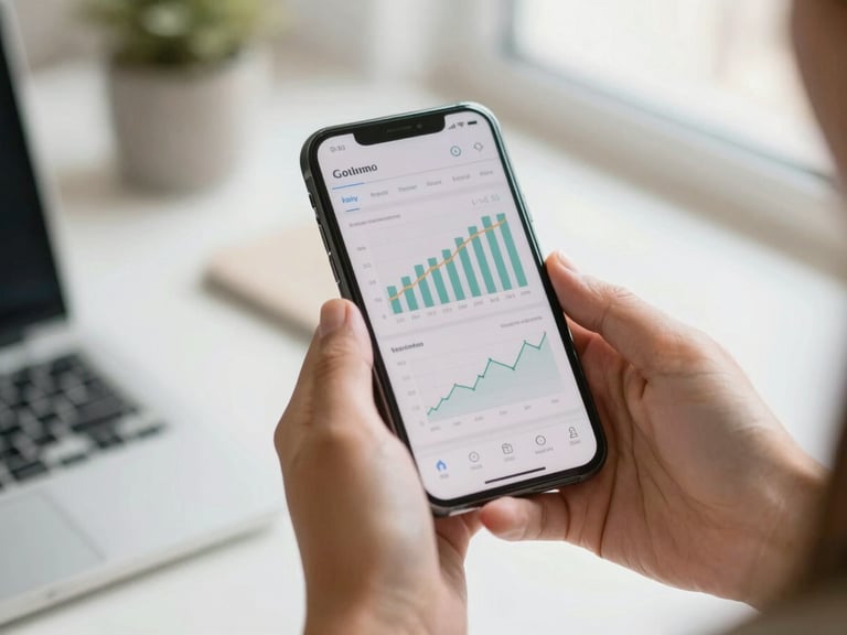 Close-up of hands holding a smartphone displaying a clean interface with financial charts, bright natural daylight, soft clean tones