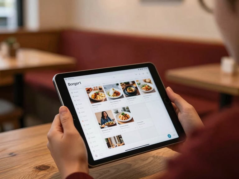 A person's hands holding a tablet displaying a social media content calendar, planning content, soft warm indoor light, cozy Scandinavian-style cafe background, shallow depth of field.
