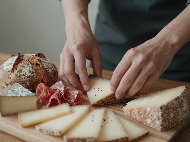 Close-up of hands arranging artisanal bread and cheeses on a charcuterie board, rustic background, soft diffused side-light, shallow depth of field, muted earthy tones.