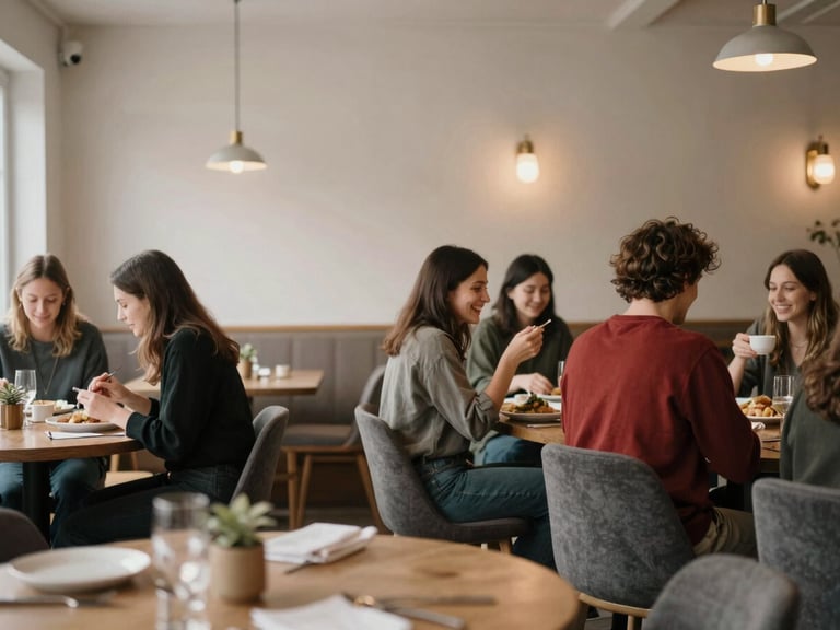 Cozy Scandinavian-style restaurant interior, warm ambient lighting, tables full of happy diners, soft focus.