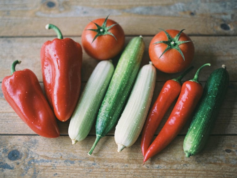Overhead flat-lay of fresh, vibrant vegetables on a rustic wooden table, soft natural daylight from the side, shallow depth of field, muted earthy tones with crimson accents.
