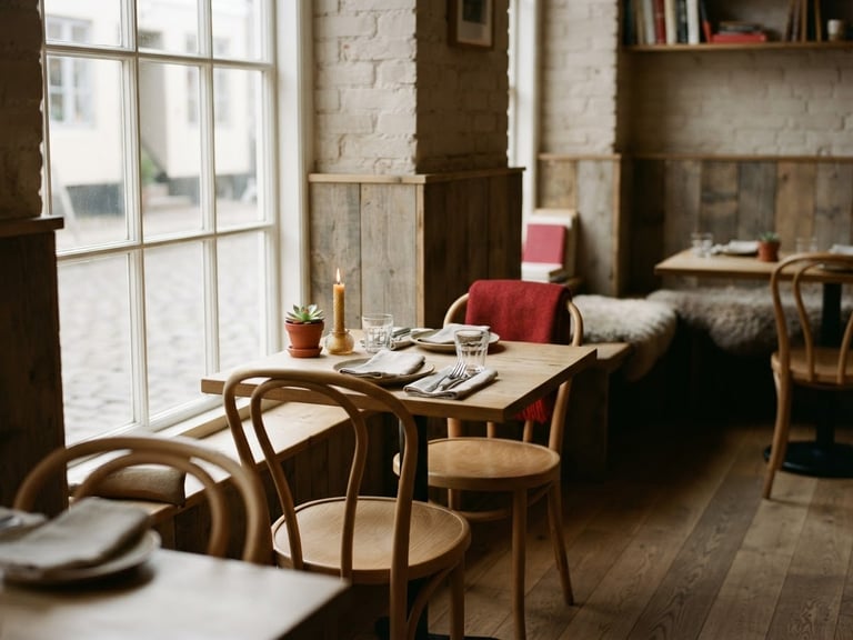 Cozy Scandinavian-style restaurant interior, empty tables, soft natural light from a large window, warm ambient glow, inviting atmosphere, shallow depth of field.