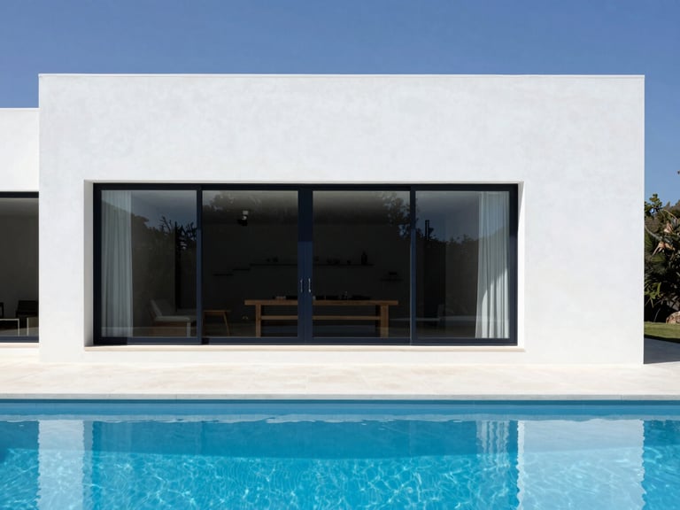 Minimalist luxury villa exterior in Quinta do Lago, white concrete architecture, clean blue pool, crisp shadows, bright daylight, 35mm