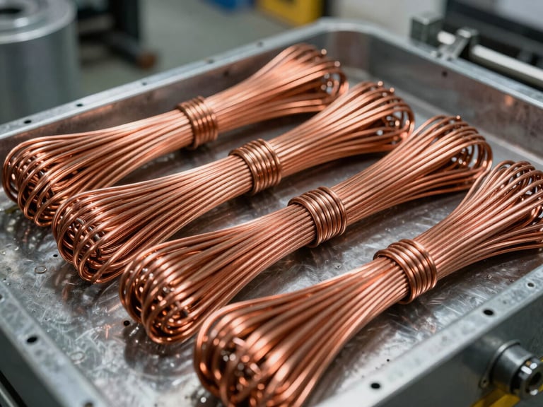 Close-up of organized, sorted copper wiring bundles and industrial metal scrap in a clean warehouse bay, high contrast, sharp details