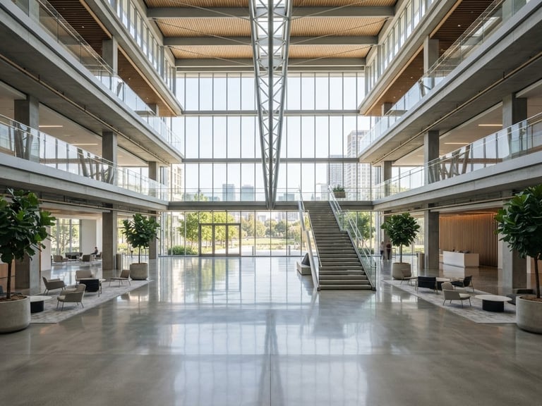 Wide-angle environmental photograph of an immaculate modern corporate lobby with clean polished concrete floors and architectural symmetry under bright daylight
