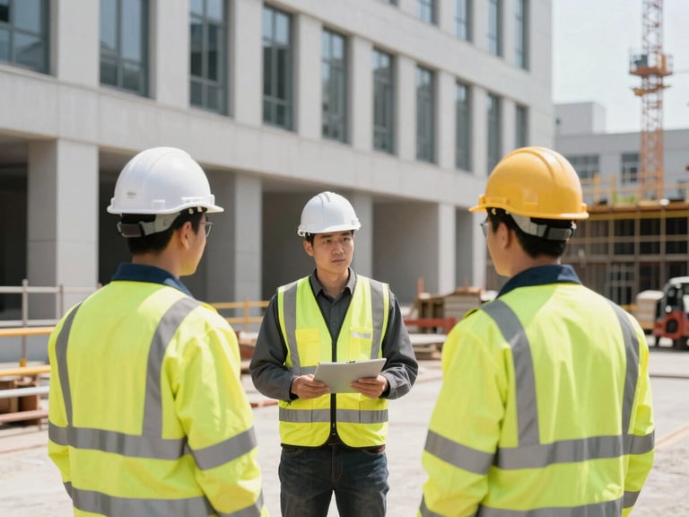 Team members in high-visibility branded safety gear on an active commercial construction site, bright daylight, sharp focus, 35mm.