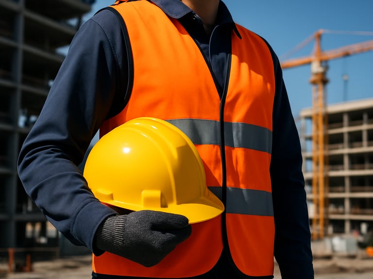 Close-up of a team member's branded uniform and safety equipment, active commercial site background, bright daylight, high contrast, 35mm.