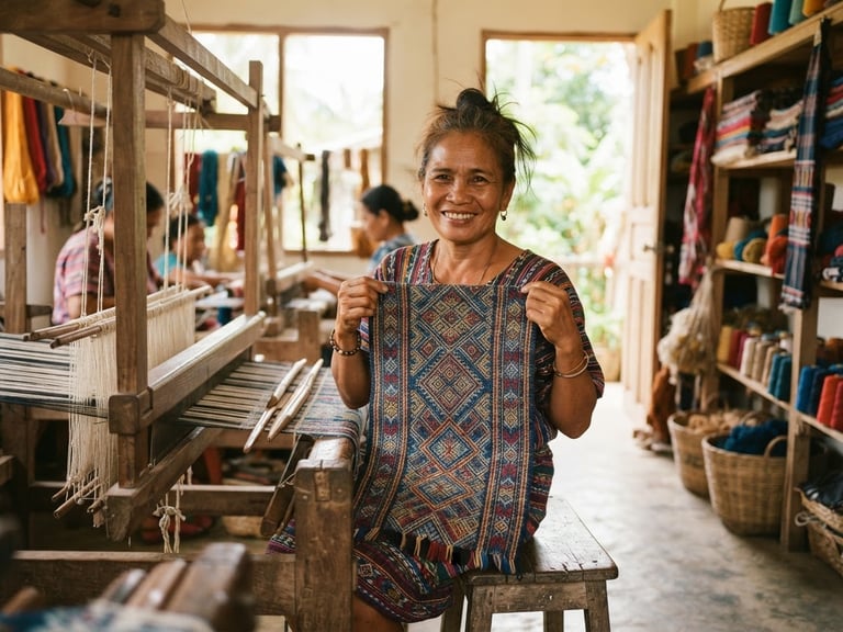 Environmental portrait of a Filipino woman smiling in a bright, sunlit weaving workshop, holding a handwoven textile with dignity, warm tropical daylight, 35mm lens.