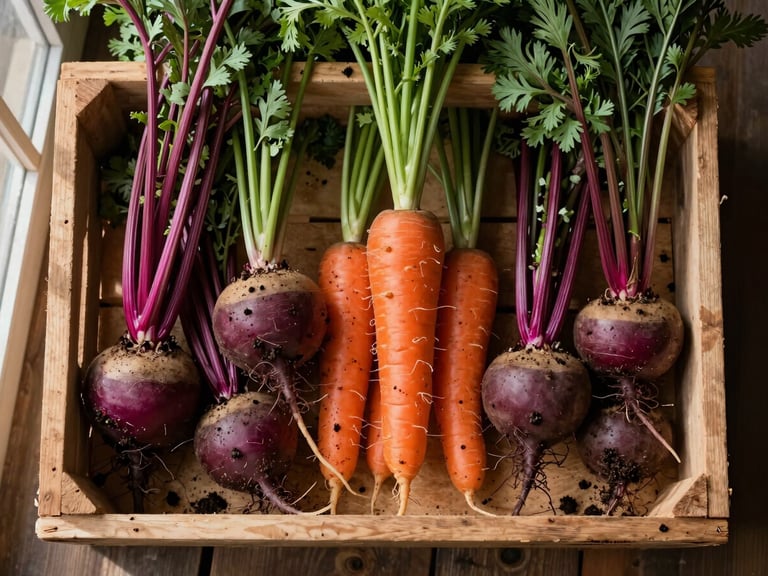 Close overhead flat-lay of a wooden crate overflowing with freshly harvested root vegetables — carrots, beets, turnips — clumps of dark soil still visible, morning side-light from a barn window casting soft shadows across the textures