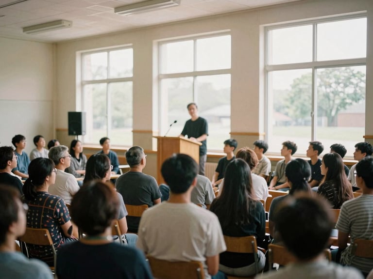 Candid wide shot of a community hall gathering, soft natural light streaming through windows, speaker at a simple wooden lectern