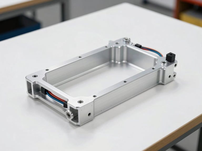 Crisp workshop photography of an aluminum robot chassis on a clean white workbench, exposed wiring harnesses, daylight casting sharp technical shadows.