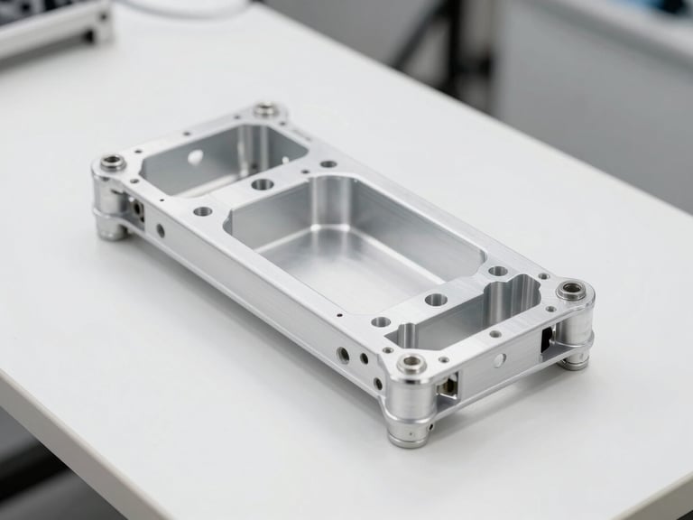 Crisp macro photograph of an aluminum robot chassis on a clean white workshop table, bright natural daylight, technical details