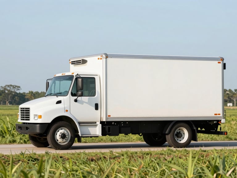 A spotless modern white refrigerated delivery truck driving past a sunlit green Florida pasture under bright morning light