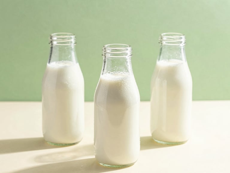 A high-key, bright morning sunlight photograph of condensation-rimmed glass milk bottles sitting on a clean cream surface, 50mm lens, fresh green accents in the background.