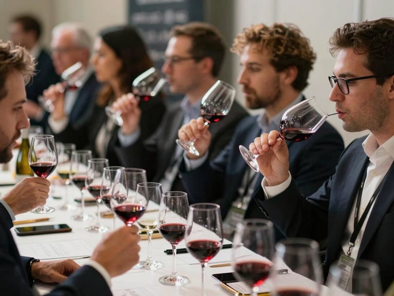 A lively trade tasting event in Austin, sommeliers swirling glasses of red wine, natural high-contrast side lighting, professional atmosphere.